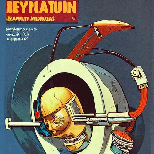 Image similar to “cutaway illustration of an android head, revealing inside is an small anthropomorphic rat sat in a pilots seat, operating levers and joysticks. Pulp sci-fi magazine cover illustration”