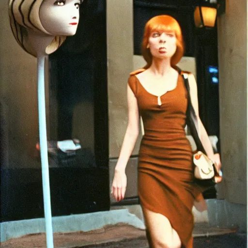 Image similar to 1981 color archival photo of a glamorous woman in a dress, and Casper the Friendly Ghost, in a sidewalk cafe, 16mm film soft color, earth tones and soft color 1981, live-action archival footage, in style of doris wishman russ meyer, woman looks like young mia farrow