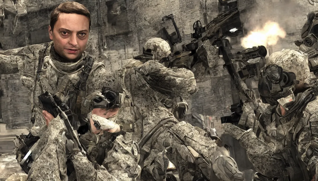 Image similar to Tobey Maguire in Call Of Duty, in-game screenshot, stunning screenshot, epic, intricate, accurate, cool, trending,