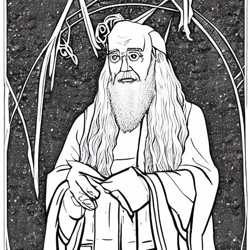 Image similar to Dumbledore coloring book page, black and white