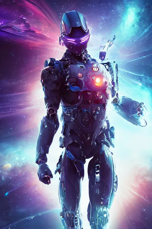 Image similar to ninja cyborg floating in space letting go of reality and experiencing the quantum feild, matte painting comic book art, cinematic, highly detailed, realistic, beautiful cosmic neural network, octane render, unreal engine, depth of field, trending on artstation, sharp focus, philosophical splashes of colors