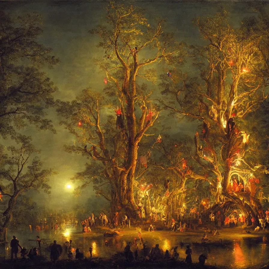 Image similar to a night carnival around a magical tree cavity, with a surreal orange moonlight and fireworks in the background, next to a lake with iridiscent water, christmas lights, folklore animals and people disguised as fantastic creatures in a magical forest by summer night, masterpiece painted by william beechey, dark night environment