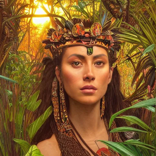 Image similar to portrait of a beautiful alluring female aztec queen in a dense jungle at sunset, detailed, centered, digital painting, artstation, concept art, donato giancola, alphonse mucha, Joseph Christian Leyendecker, WLOP, Boris Vallejo, Breathtaking, 8k resolution, extremely detailed, beautiful, establishing shot, artistic, hyperrealistic, beautiful face, octane render