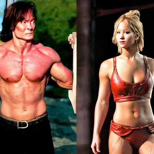 Image similar to first photos of 2 0 2 4 female conan remake - muscular jennifer lawrence as conan, put on 1 0 0 pounds of muscle, looks different, steroids, hgh, ( eos 5 ds r, iso 1 0 0, f / 8, 1 / 1 2 5, 8 4 mm, postprocessed, crisp face, facial features )