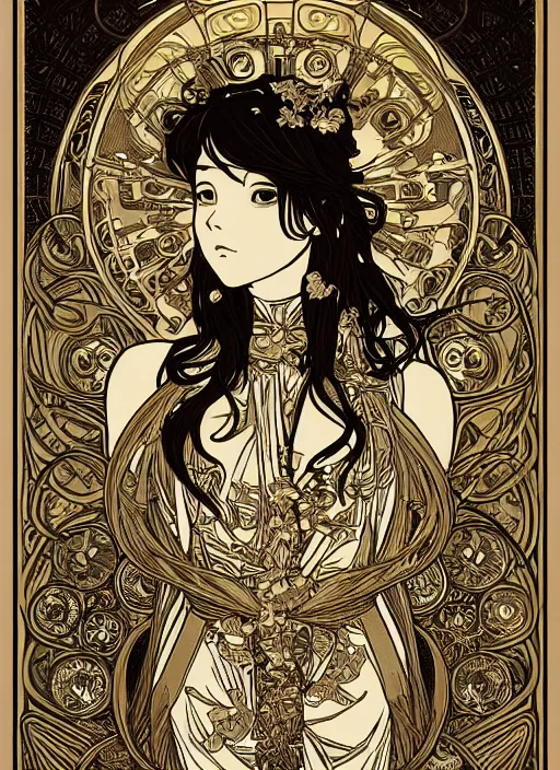 Image similar to photographer looking through camera, design on white background, gnarly details, gold, drawn by studio ghibli, alphonso mucha, lolish, trending on artstation