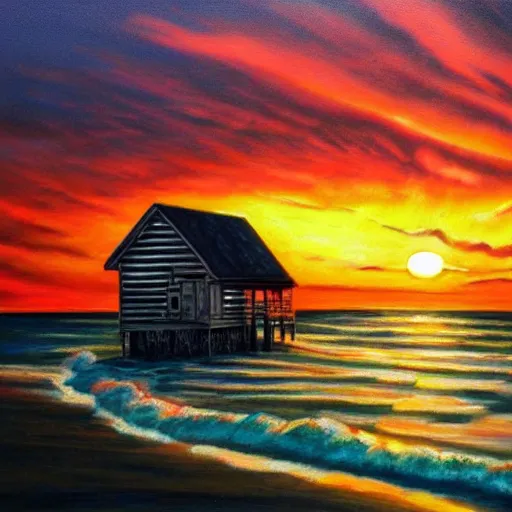 Image similar to sunset over a wooden cabin on the coast in the distance, sea, oil painting, very detailed, colorful