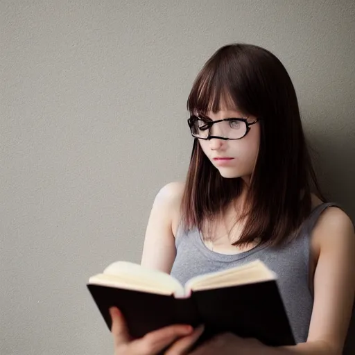 Image similar to a girl reading a book, modelsociety, radiant skin, huge anime eyes, RTX on, perfect face, intricate, Sony a7R IV, symmetric balance, polarizing filter, Photolab, Lightroom, 4K, Dolby Vision, Photography Award