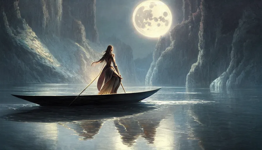 Image similar to excalibur in the middle of a lake under a giant full moon, rippling reflections, romantic, cinematic, intricate, elegant, highly detailed, artstation, concept art, smooth, sharp focus, art by WLOP and artgerm and greg rutkowski and alphonse mucha