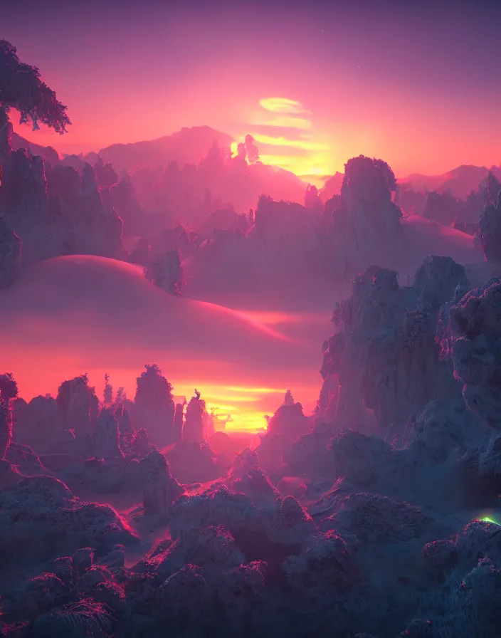 Prompt: magical sunrise in a forgotton world, cinematic, highly detailed, 8 k, octane render, trending on artstation
