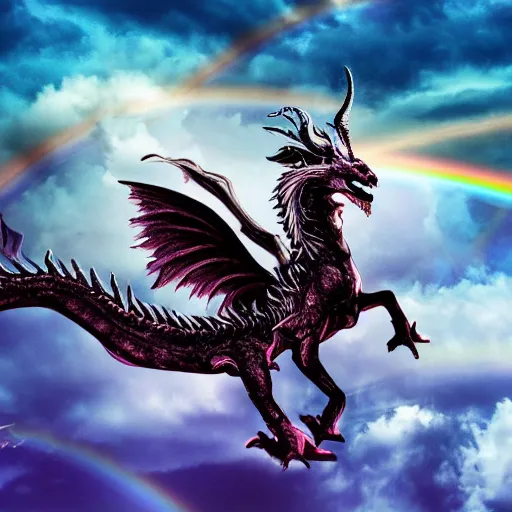 Image similar to photograph of avril lavigne riding a dragon through the clouds with rainbows and unicorns, high medieval fantasy, full color digital art, cinematic shot, portrait, wide shot.