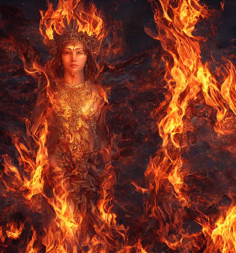 Image similar to goddess of flame, 8 k resolution, ultra realistic, detailed,