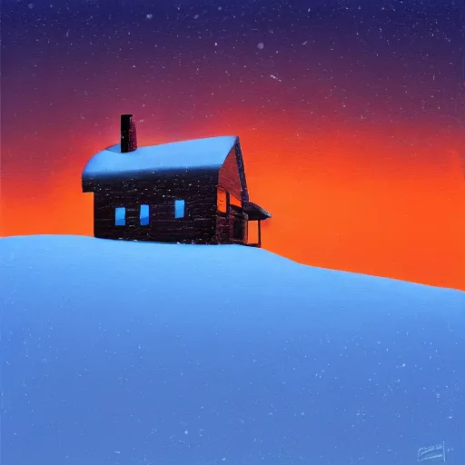 Image similar to a cabin on a hill, snowstorm, winter, by alex andreev, landscape, high contrast, digital, complementary colors