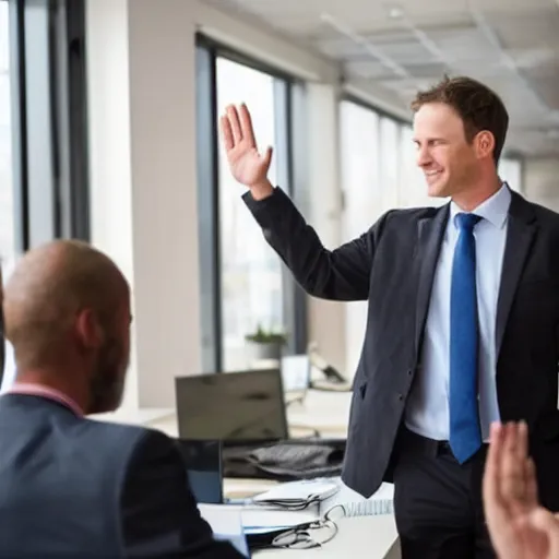 Image similar to realistic man in office waving goodbye to group of people