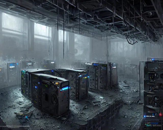 Image similar to spot boston dynamics in gloomy ruined server room in datacenter painting concept art of colossus, sharp focus, emitting diodes, smoke, artillery, pacing, computers, racks, motherboard, by pascal blanche rutkowski artstation detailed matte painting, 4 k resolution