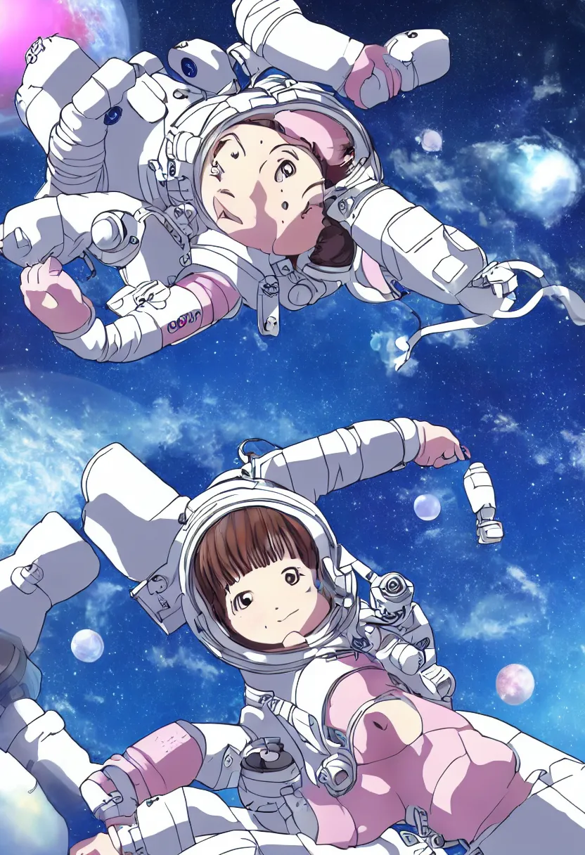 Image similar to An astronaut girl floating in the cosmo outside the space station, anime style, trending on Pixiv