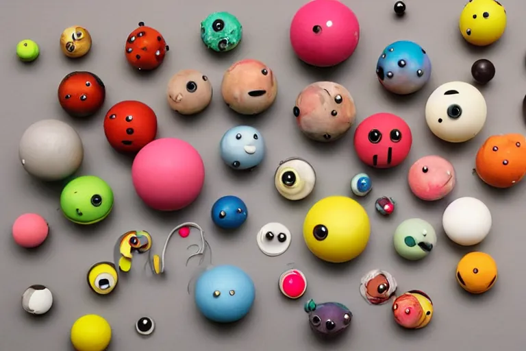 Image similar to cute spherical monsters representing fundamental particles, made of FIMO, by John Chamberlain