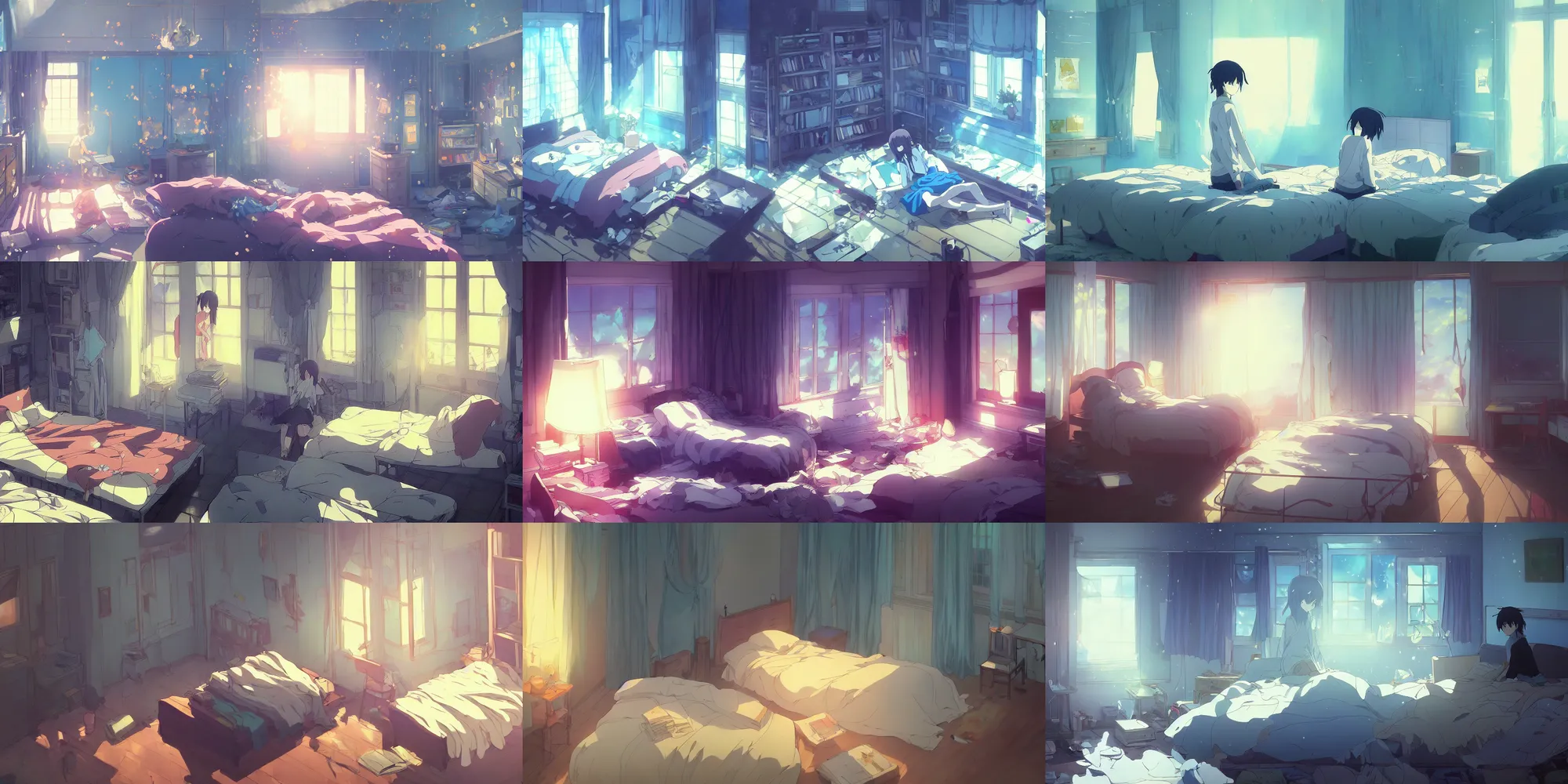 Prompt: a painting of the main character's intricate bedroom in the anime film by makoto shinkai, technology, books, messy clothes, anime lover, screenshot from the makoto shinkai anime