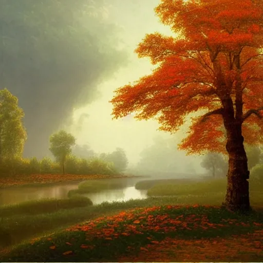 Image similar to A beautiful painting of the wind blowing leaves off a tree in the middle of an empty serene landscape with a river flowing in the distance, cloudy, rainy, ultra realistic, by Albert Bierstadt and Gediminas Pranckevicius