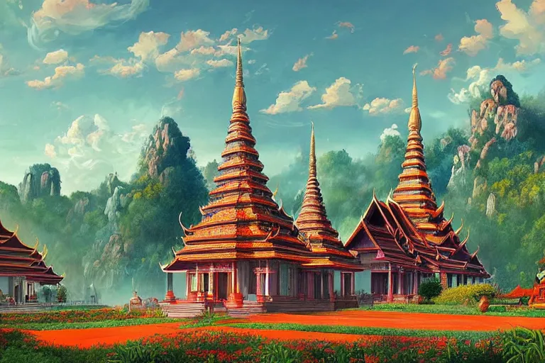 Image similar to summer morning, thai temple, rolling mountain, very coherent and colorful high contrast, art by gediminas pranckevicius, geof darrow, franz sedlacek, dark shadows, hard lighting