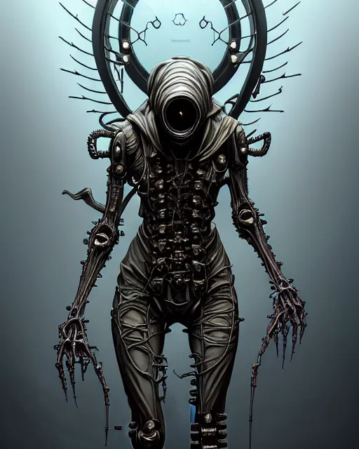 Image similar to front shot of a cyberpunk hooded dead biomechanical demon in gasmask mastermind character, intricate, elegant, highly detailed, centered, (((artstation, concept art, smooth, sharp focus, artgerm, Tomasz Alen Kopera, Peter Mohrbacher, donato giancola, Joseph Christian Leyendecker, WLOP, Boris Vallejo))), mugshot!!!!!, ugly!!!!!!, octane render, nvidia raytracing demo, grainy, muted