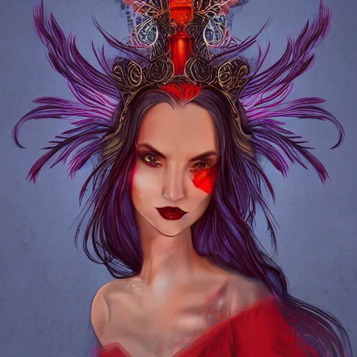 Image similar to urban fantasy character portrait of the goddess of trysts, ownership, hospitality and epiphanies, a vision in a scarlet ballgown, with raven tresses artfully atop her head, intoxicating, slight, asymmetrical face, inescapable presence, every line of perspective, every gaze, every beam of light curves towards Her, adulation