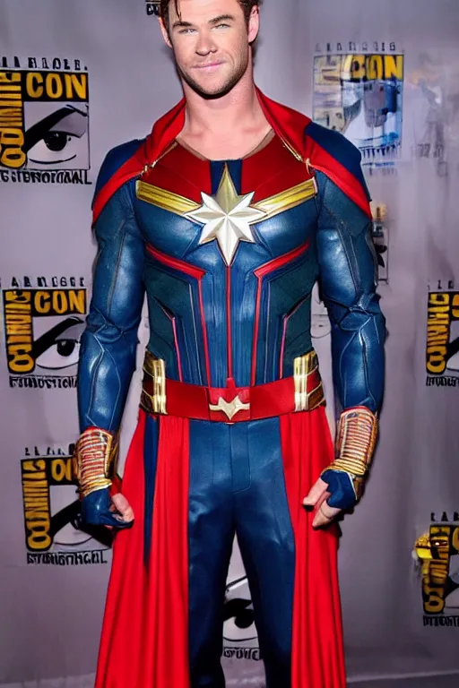Prompt: chris hemsworth cosplaying as captain marvel, dragoncon, flash photography, wide angle