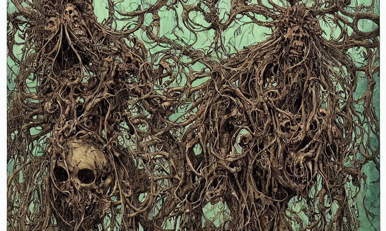 Image similar to hyperdetailed art nouveau portrait of treebeard as a cthulhu eyeball skull wendigo cryptid monster, by geof darrow, simon bisley and bill sienkiewicz, grim yet sparkling atmosphere, photorealism, claws, skeleton, antlers, fangs, forest, wild, crazy, horror, lynn varley, lovern kindzierski, steve oliff