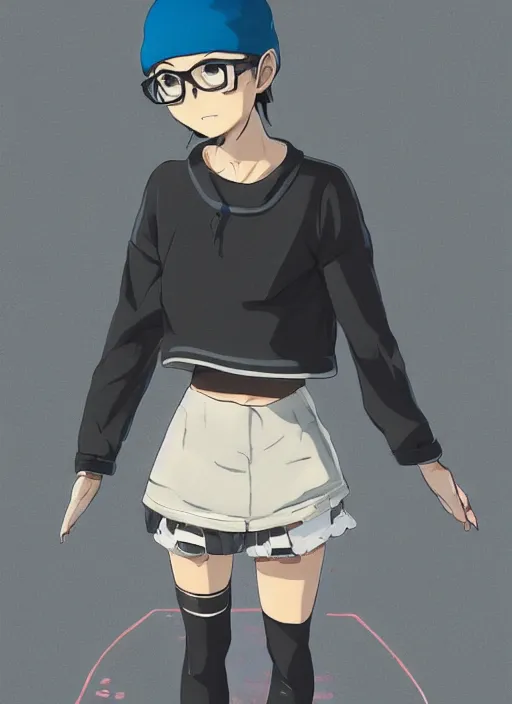 Prompt: Outfit concept of an anime girl wearing a black grey and blue crop top, rounded eyeglasses, a beanie, and sneakers grey. painted by Simon Stålenhag, detailed, deviantart, high quality, masterwork, raytraced, amazing detail, glorious lighting, well lit