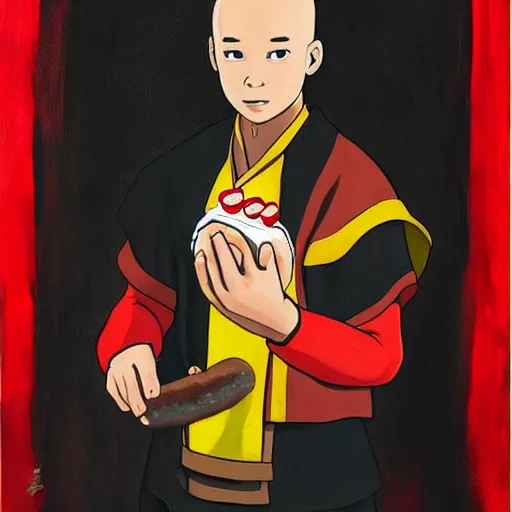 Image similar to a painting portrait of last airbender in an arsenal jersey eating a hot dog,