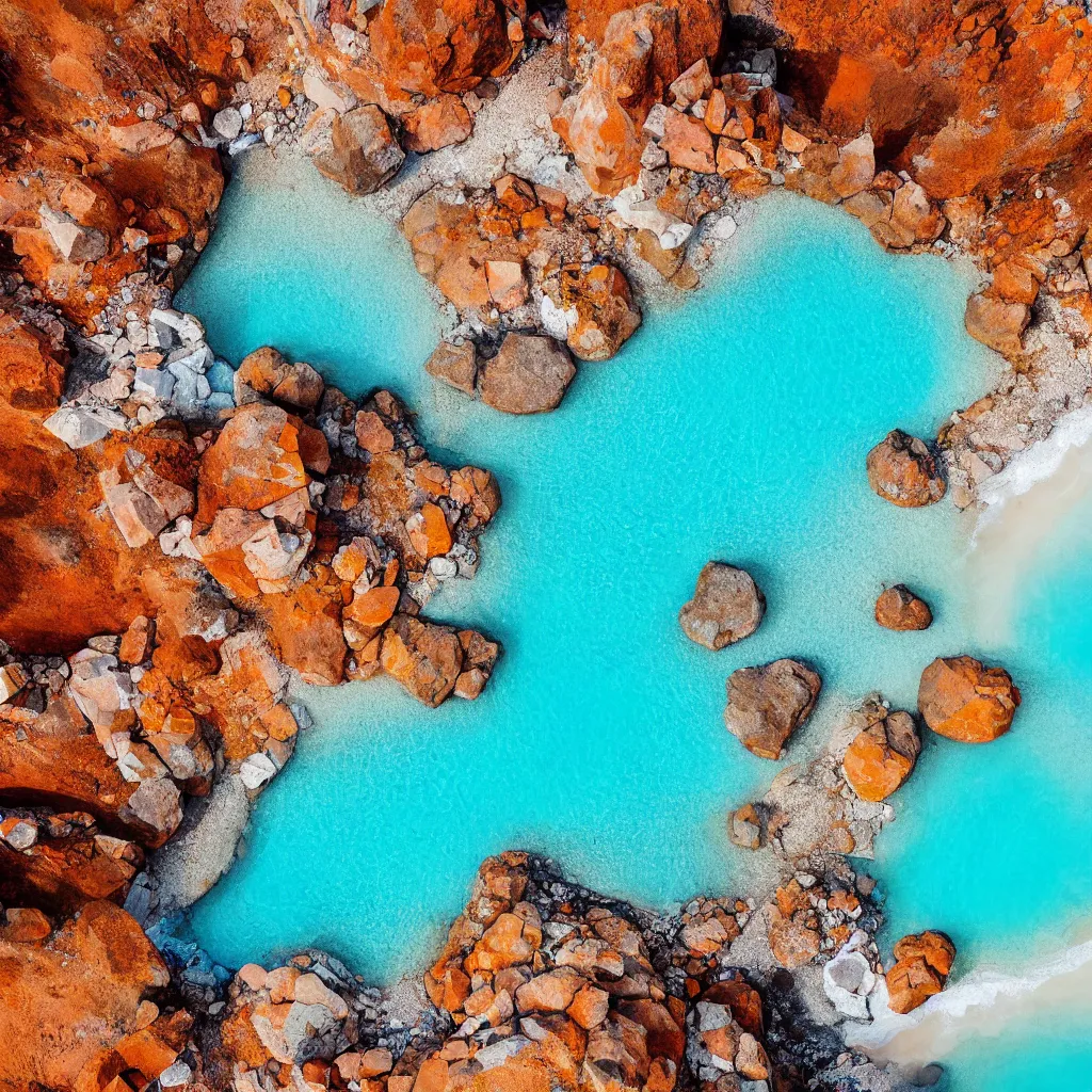 Image similar to bismuth boulders, orange sand desert with pools of bright milky blue water, birds eye view, dreamy