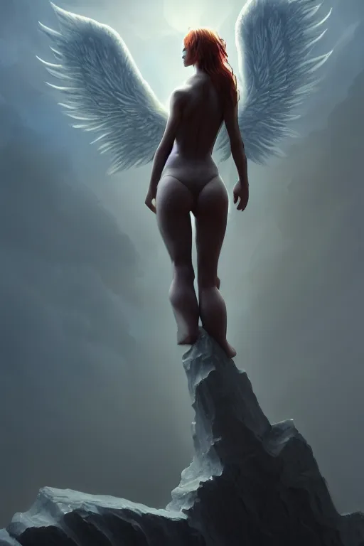 Image similar to angel standing on a megalythic structure, illustration, ominous , catarthic, god, mist, nuclear explosion background, volumetric lighting, soft lighting, soft details, painting oil on canvas by artgerm and jihun lee , octane render, HDR, trending on artstation, 4k, 8k, HD