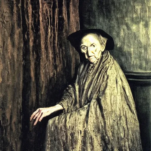 Image similar to portrait, old wrinkled witch. dark clothes. by El Greco, Remedios Varo, Salvador Dali, Carl Gustav Carus, John Atkinson Grimshaw. high detail, great lighting, 8k resolution, masterpiece, concept art, illustration