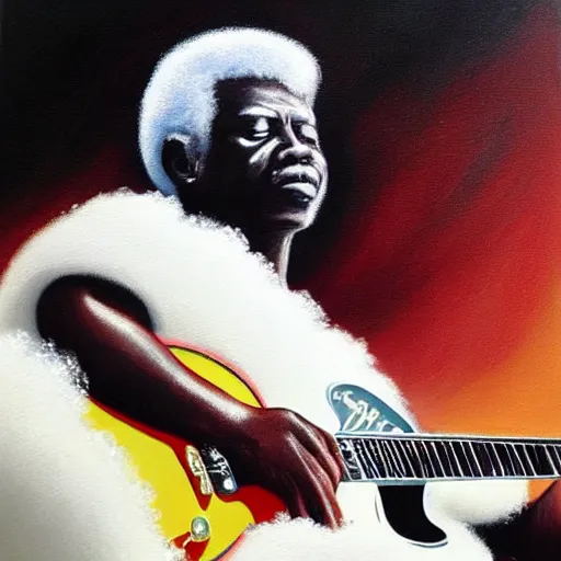Prompt: b. b king, sitting in a fluffy cloud, playing an electric semi - hollow guitar. beautiful realistic painting, dramatic, moody