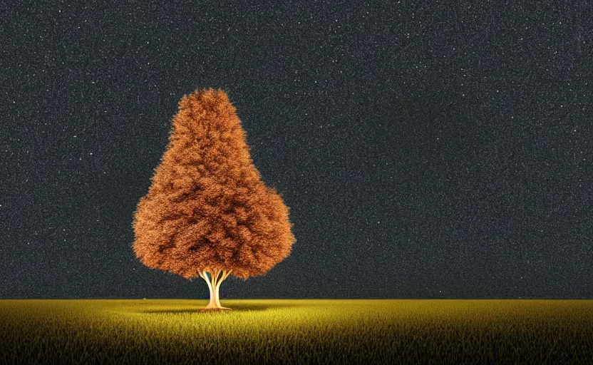 Image similar to one single stand alone huge hyperdetailed minimalist tree, seen from the long distance, at night. in a wood made of paper and plastics. maximalist unexpected elements. free sky in plain natural warm tones. 8 x 1 6 k hd mixed media 3 d collage in the style of a childrenbook illustration in pastel tones. matte matte background. no frame hd