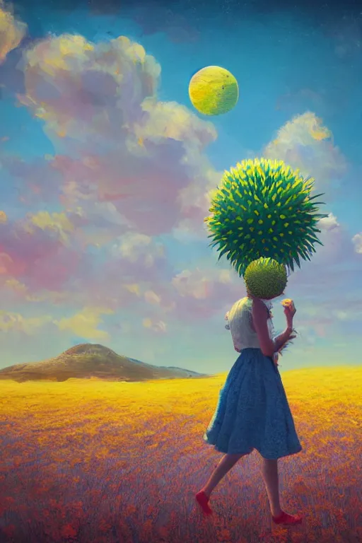 Image similar to giant corn flower head, girl walking on the moon, surreal photography, sunrise, dramatic light, impressionist painting, colorful clouds, digital painting, artstation, simon stalenhag