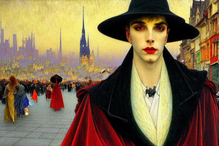 Prompt: realistic extremely detailed closeup portrait painting of an elegant blond male vampire in a cape, detailed crowded city street on background by Jean Delville, Amano, Yves Tanguy, Ilya Repin, Alphonse Mucha, William Holman Hunt, Ernst Haeckel, Edward Robert Hughes, Roger Dean, rich moody colours