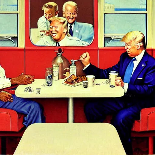 Image similar to joe biden and donald trump having dinner in a 1 9 5 0 s diner. highly detailed painting by norman rockwell 8 k