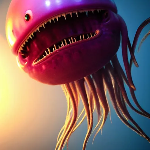 Image similar to a beautiful extreme wide uncropped full body photograph of a super cute jellyfish monster with huge sad eyes and sharp fangs in a wide open mouth, highly detailed, smooth, very very clean, 8 k, cinematic movie photograph, cinematic lighting, octane render, zbrush central contest winner, 3 d maya render