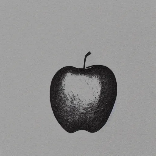 Prompt: a pen and ink drawing of an apple brightly lit from one side, silhouette, on a table, white background