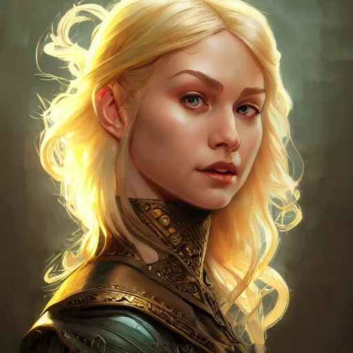 Image similar to an epic fantasy comic book style portrait painting of a young blonde girl thief, d & d, fantasy, joyful smirk, intricate, elegant, highly detailed, digital painting, artstation, concept art, matte, sharp focus, illustration, art by artgerm and greg rutkowski and alphonse mucha