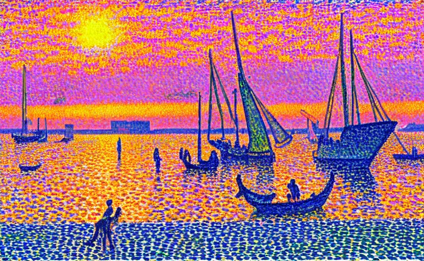 Prompt: crowd gathers to watch the sunset at tel aviv port, by paul signac, colorful, golden