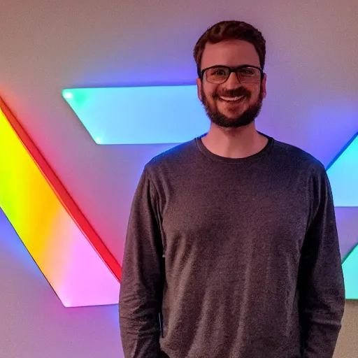 Image similar to a daytrader named jay standing proudly in front of triangular nanoleaf led lights on his wall