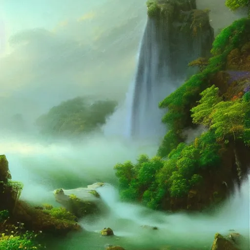 Image similar to Waterfall in a beautiful, green, lush paradise, creating mist in the lake below, trending artstation, cgsociety, 8k, hdr, hyper-detailed, digital painting by Aivazovsky