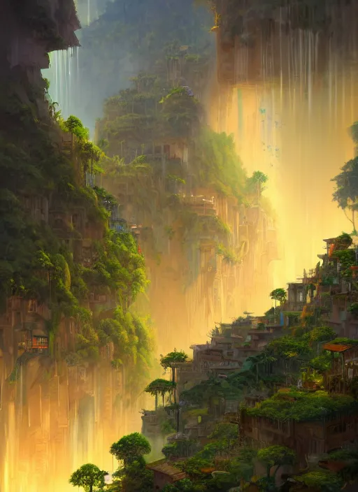 Prompt: city built on terraces in a gigantic canyon, lots of buildings connected by hanging bridges, waterfalls, glow coming from amber veins in the ground, lush vegetation, pitchblack sky, extremly detailed digital painting, in the style noah bradley and peter mohrbacher, rim light, beautiful lighting, 8 k, stunning scene, raytracing, octane, trending on artstation