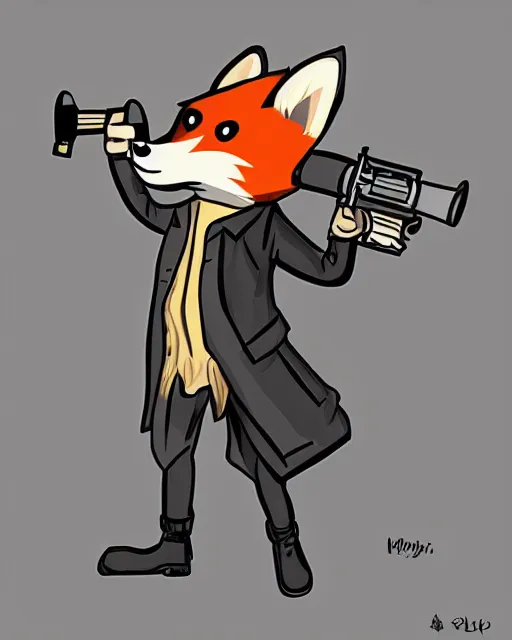 Image similar to a fox wearing a black trench - coat holding a diamond studded mini - gun, comic art style, digital art,