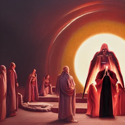 Image similar to A group of people in Sith lord robes pray to a red marble serpent statue, the scene is lit by a red moon., Matte painting , detailed painting, greg rutkowski