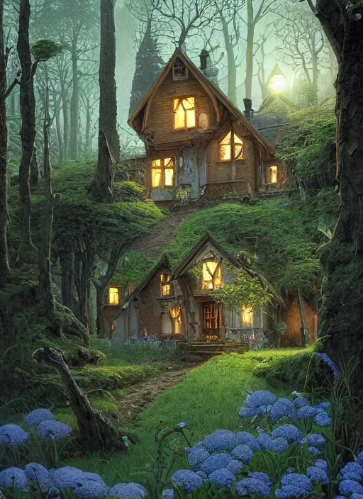 Image similar to hyper realistic homely ornate modern witch cottage distant down a path in the woods gorgeous lighting, blue sky, highly detailed, lush forest by zdzisław beksinski and norman rockwell and greg rutkowskiweta studio, and lucasfilm