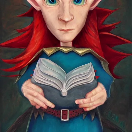 Image similar to a fantasy elf that is a wizard, holding a spell book and a dagger, with red hair, blue eyes, and is tall, oil on canvas