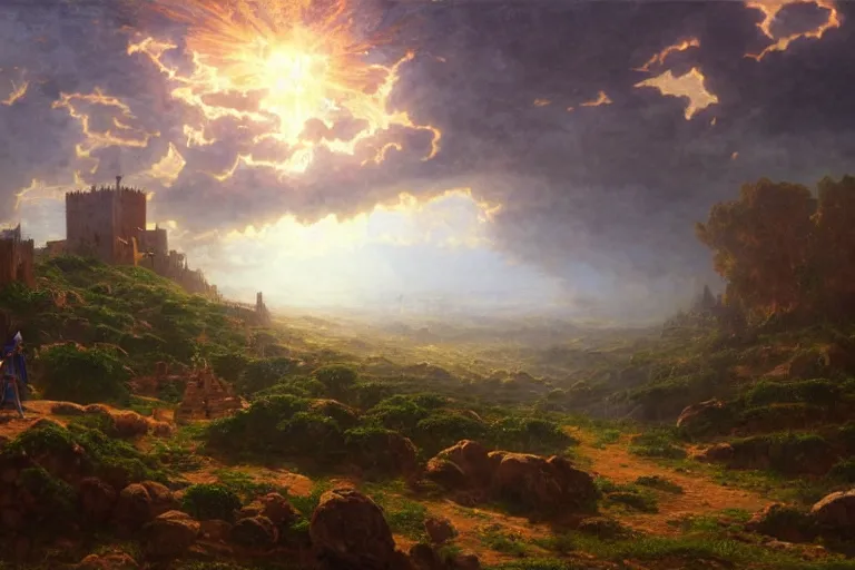 Image similar to an ultra detailed matte landscape painting of king richard the lionhearted as a shonen anime protagonist attacking jerusalem, 8 k, volumetric lighting, art by albert bierstadt and greg rutkowsi