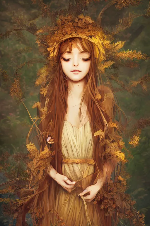 Image similar to The goddess of autumn harvest, tranquility, beautiful face, long hair, wearing wheat yellow gauze, comic style, virtual engine, 3D, sense of atmosphere, goddess, by wlop